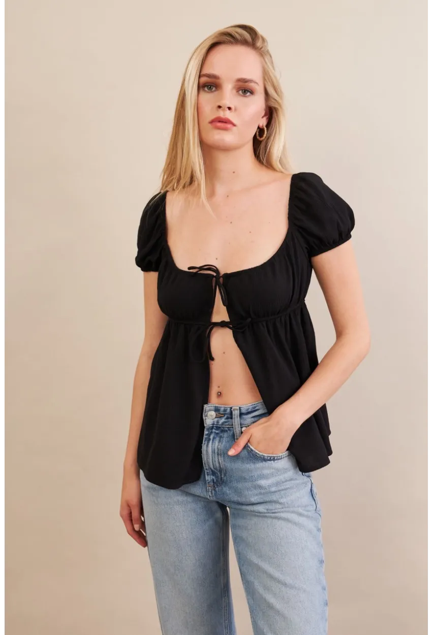 Kadın Siyah Bağlamalı Rustik Bluz ZH128