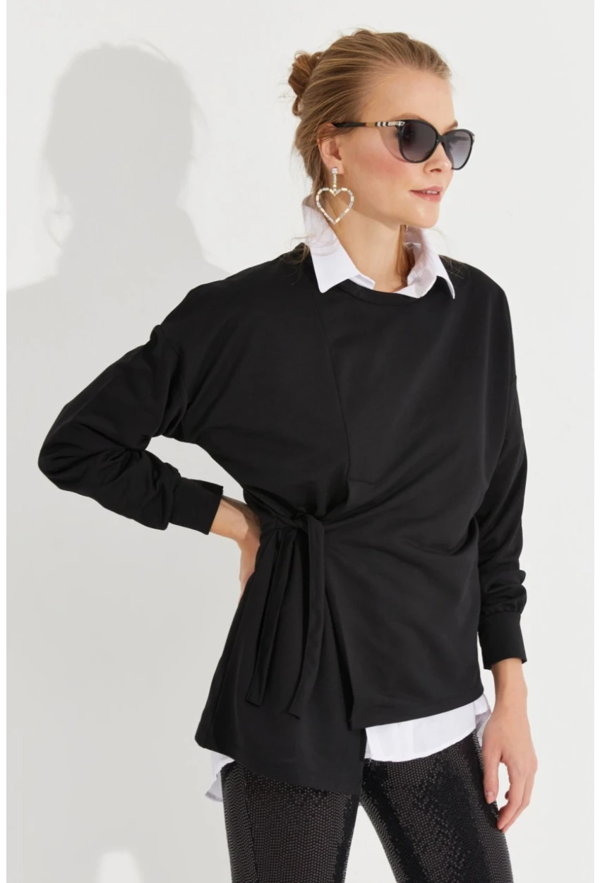 Kadın Siyah Bağlamalı Sweatshirt MYİ2493