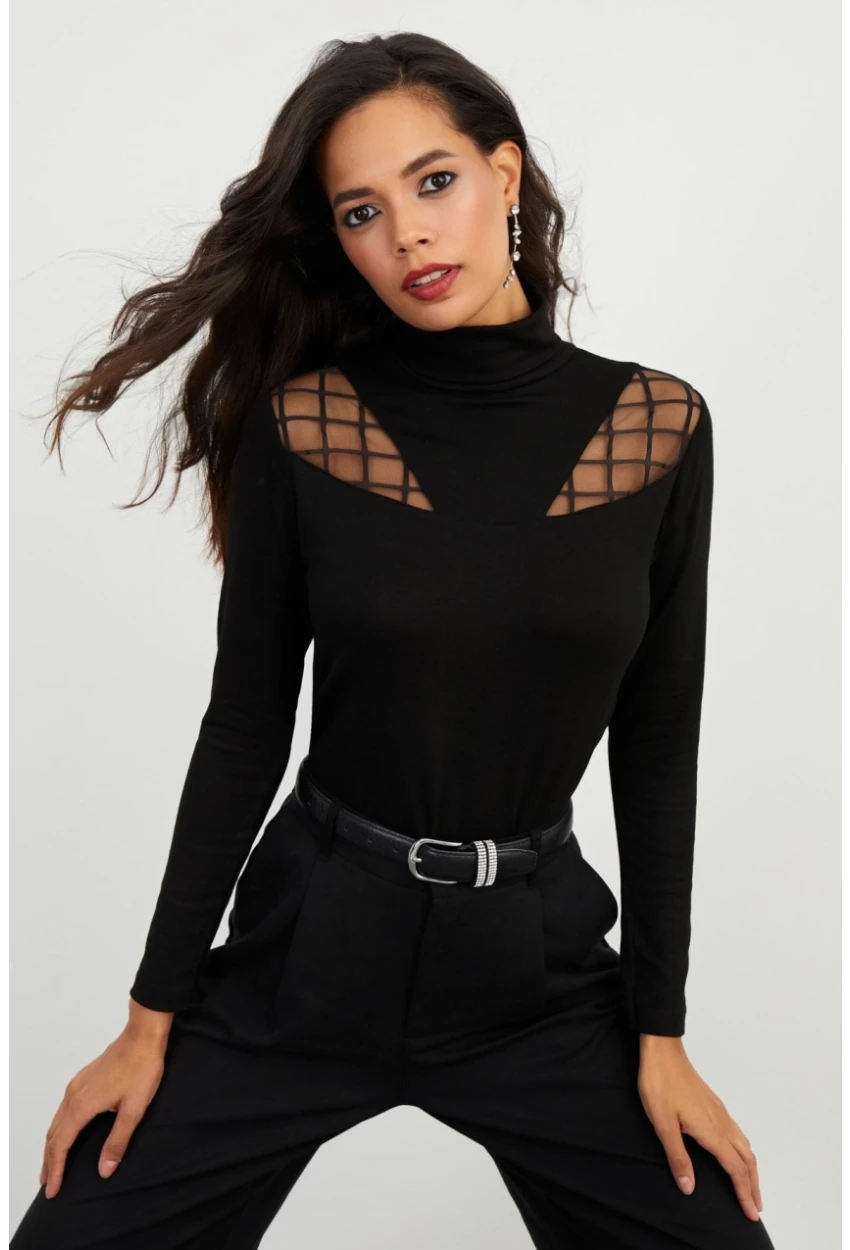 Kadın Siyah Balıkçı Bluz BK1548