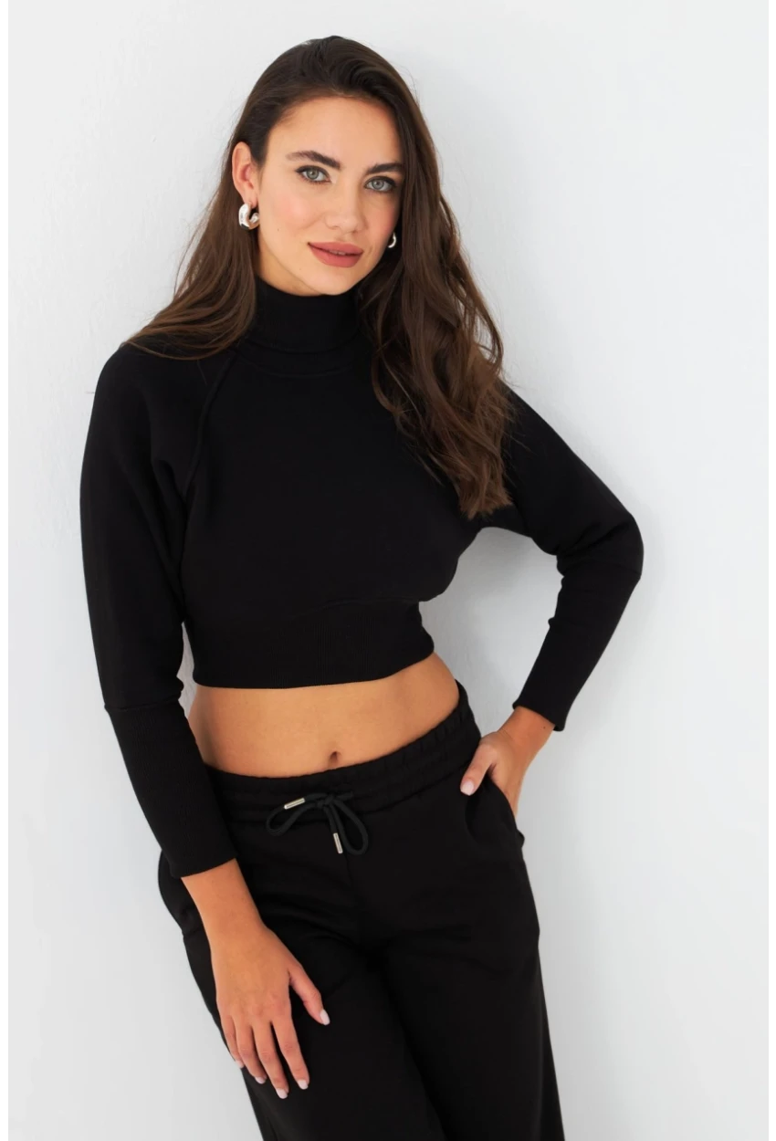 Kadın Siyah Balıkçı Crop Sweatshirt DY1469