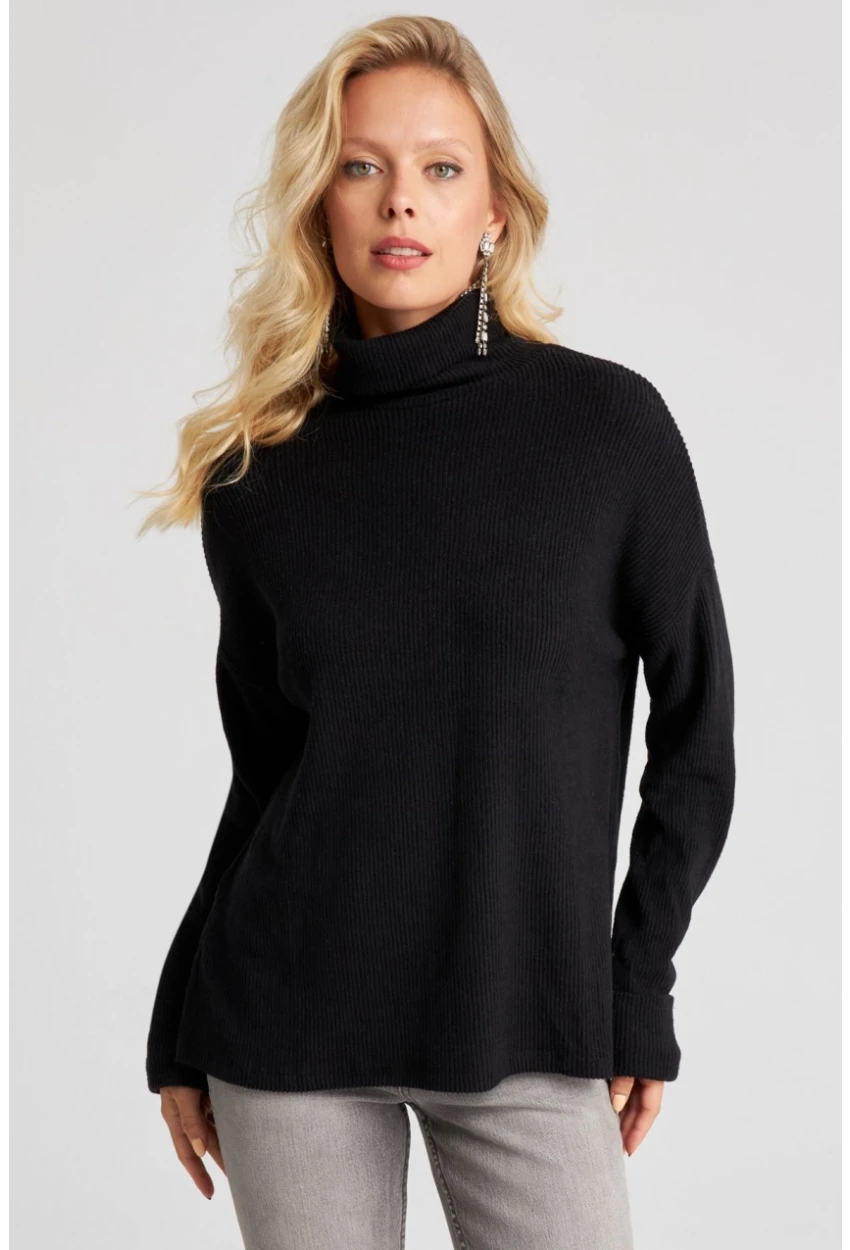 Kadın Siyah Balıkçı Fitilli Triko Kazak AYD257