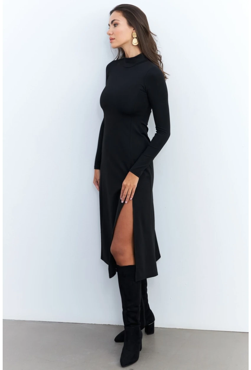 Kadın Siyah Balıkçı Yaka Midi Elbise HOR15