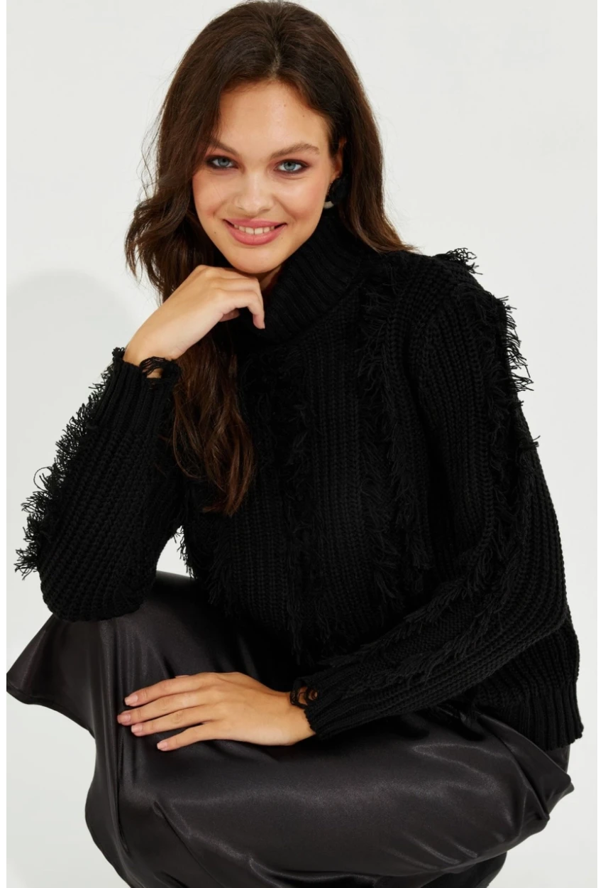 Kadın Siyah Balıkçı Yaka Püsküllü Triko Kazak KZ2471