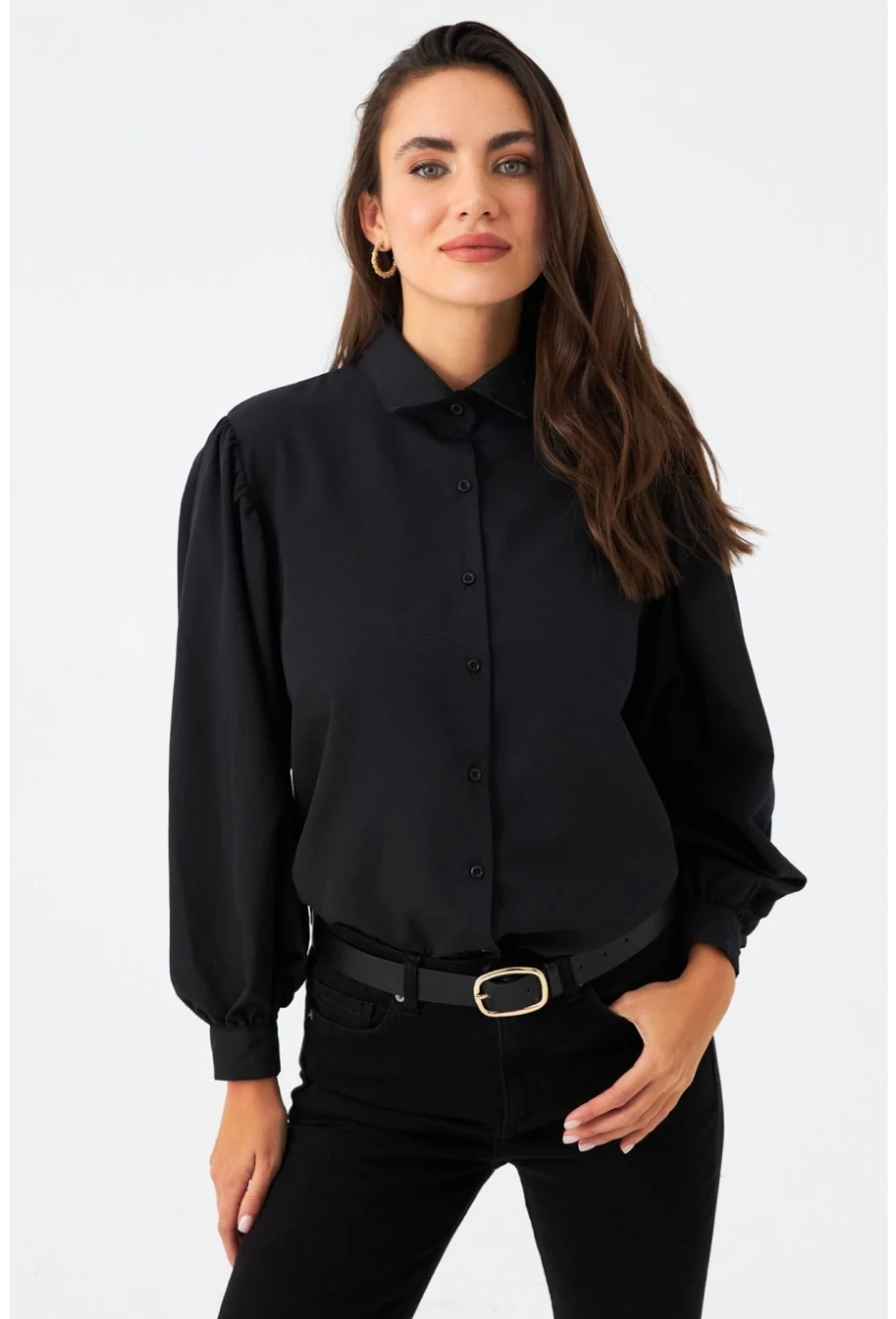 Kadın Siyah Balon Kol Gömlek MZER416