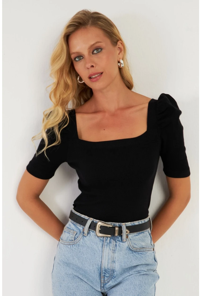 Kadın Siyah Balon Kol Kaşkorse Bluz XL2019