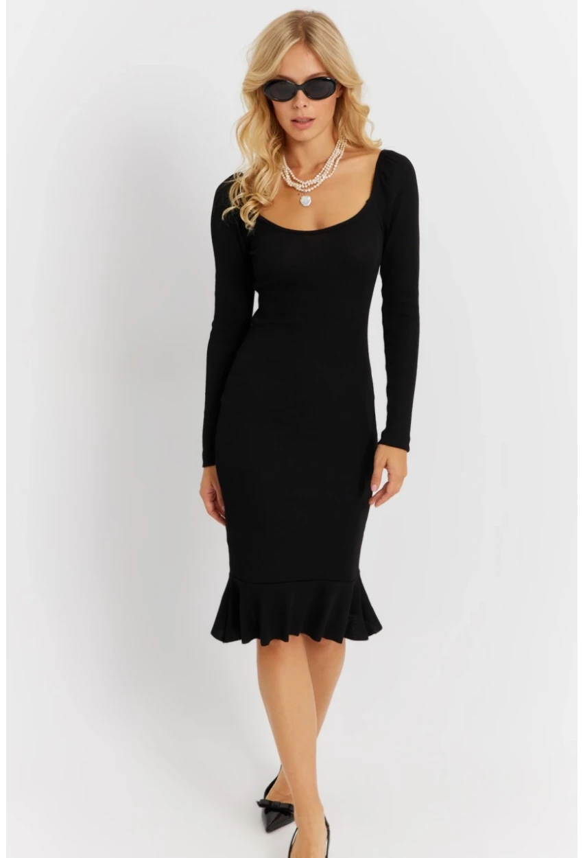 Kadın Siyah Balon Kol Kaşkorse Midi Elbise EY2855