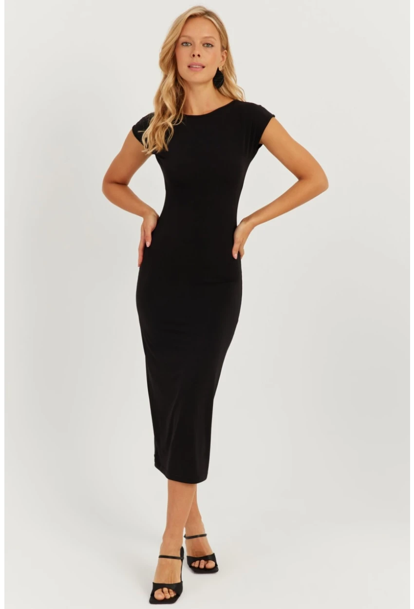Kadın Siyah Basic Midi Elbise MEN2040