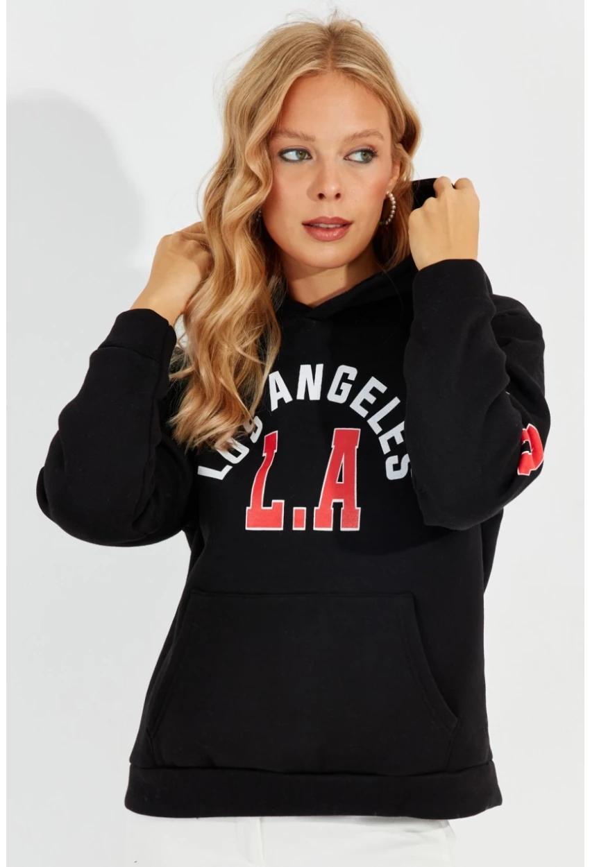 Kadın Siyah Baskılı Kapüşonlu Sweatshirt DA146