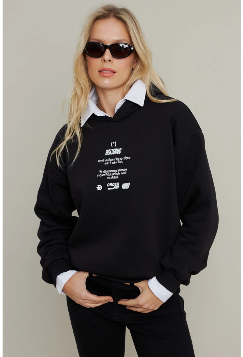 Kadın Siyah Baskılı Kapüşonlu Sweatshirt DY1451
