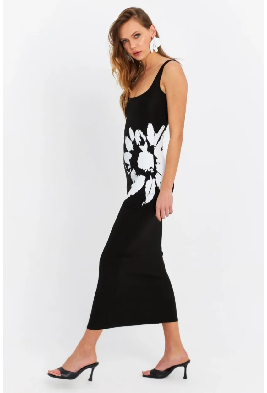 Kadın Siyah Baskılı Midi Elbise B5005-5