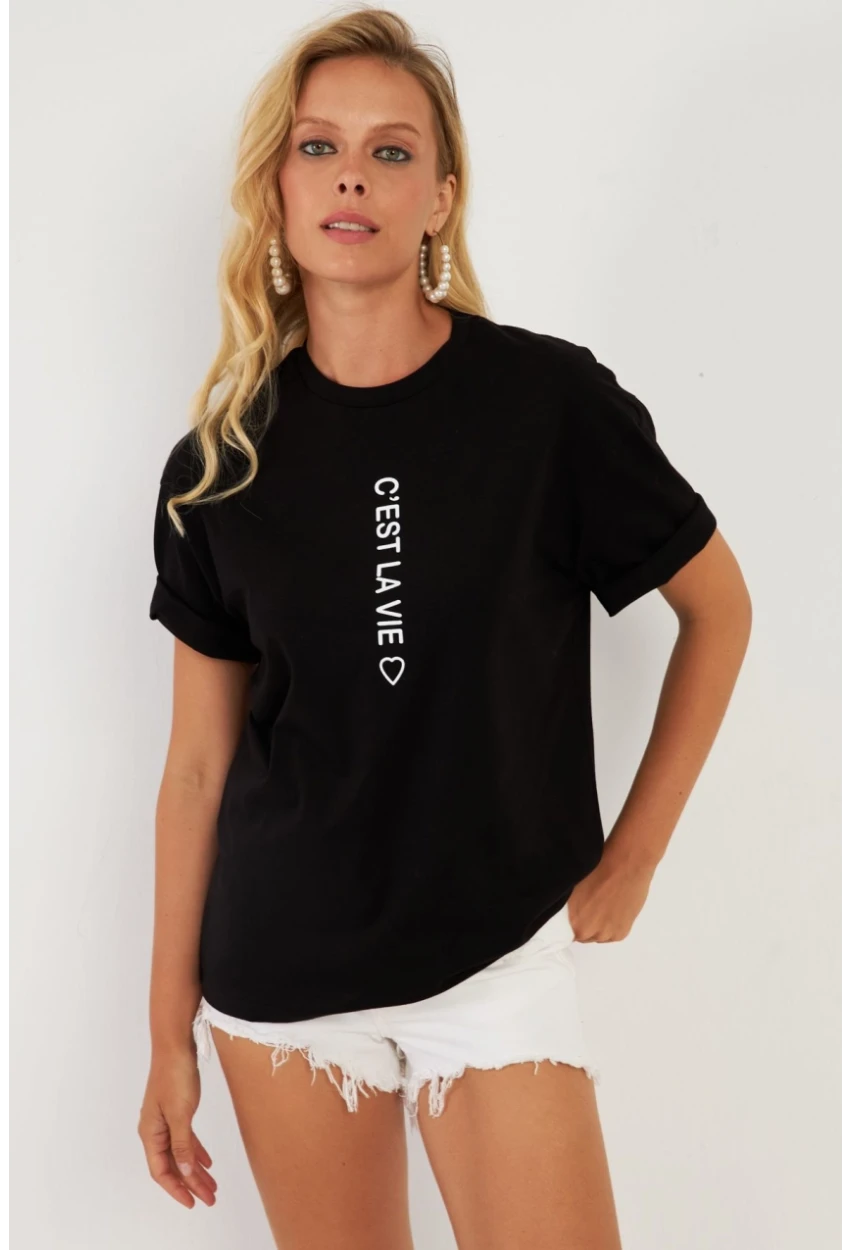 Kadın Siyah Baskılı T-Shirt AYD356
