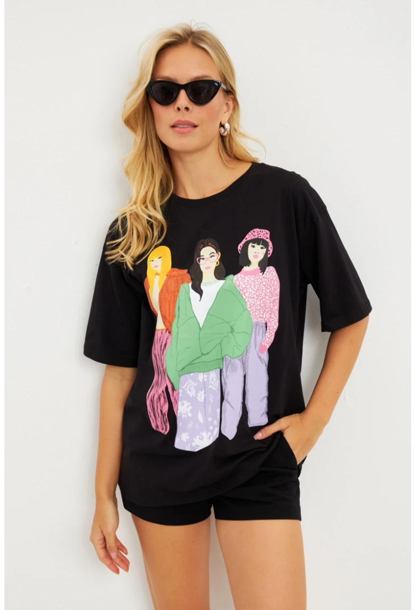 Kadın Siyah Baskılı T-Shirt DY1329