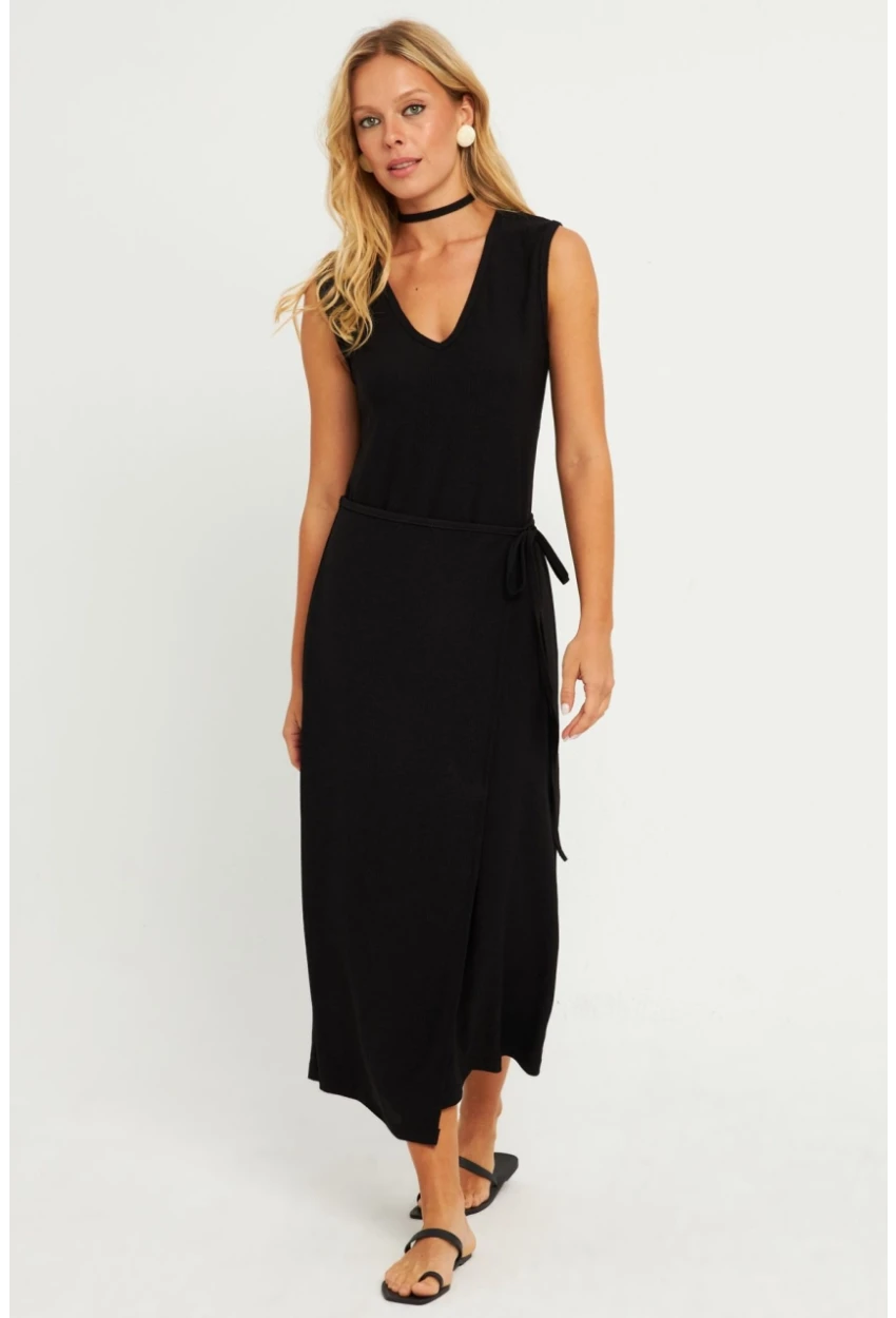 Kadın Siyah Bel Bağlamalı Bürümcük Midi Elbise EY2799