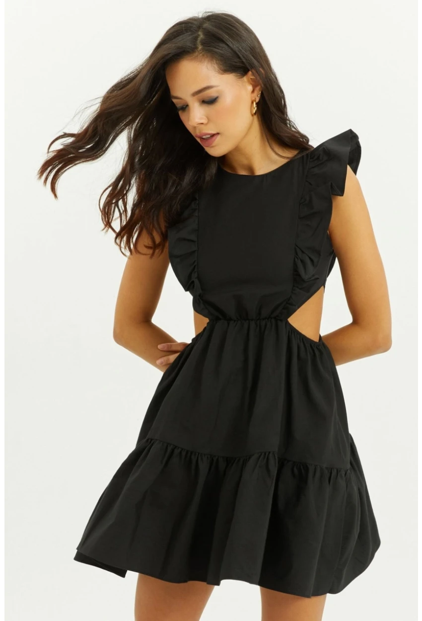 Kadın Siyah Bel Dekolteli Volanlı Mini Elbise SF1523