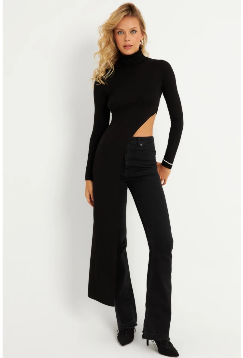 Kadın Siyah Beli Açık Asimetrik Balıkçı Uzun Bluz EY2902