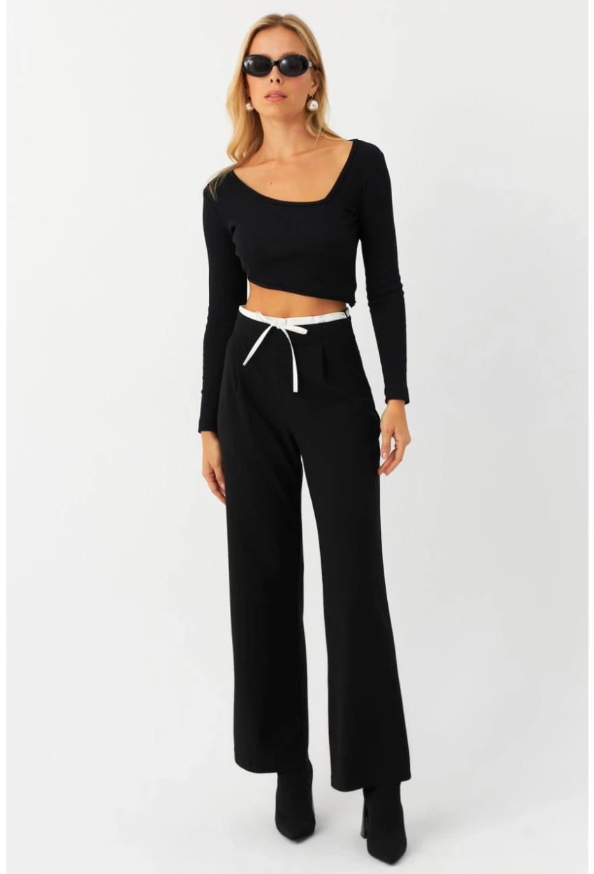 Kadın Siyah Beli Bağlamalı Palazzo Pantolon ELA3972