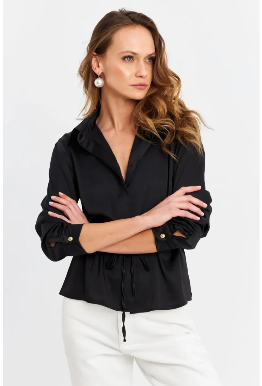 Kadın Siyah Beli Bağlamalı Saten Gömlek MMRS4212