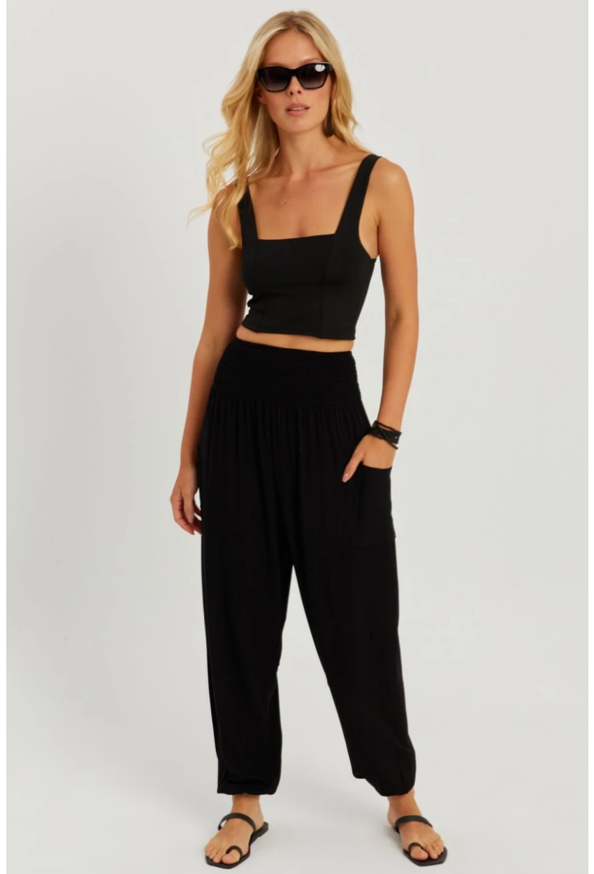 Kadın Siyah Beli Gipeli Şalvar Pantolon ÖM404