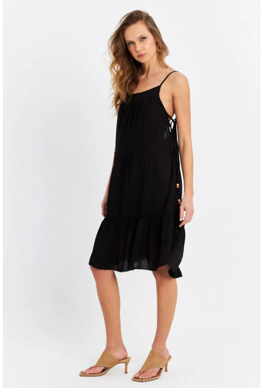 Kadın Siyah Beli İpli Midi Elbise PC22756