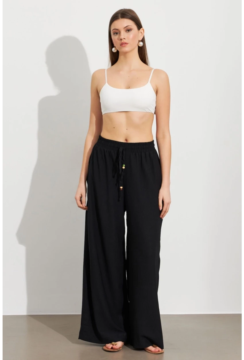 Kadın Siyah Beli Lastikli Bürümcük Pantolon ROP105