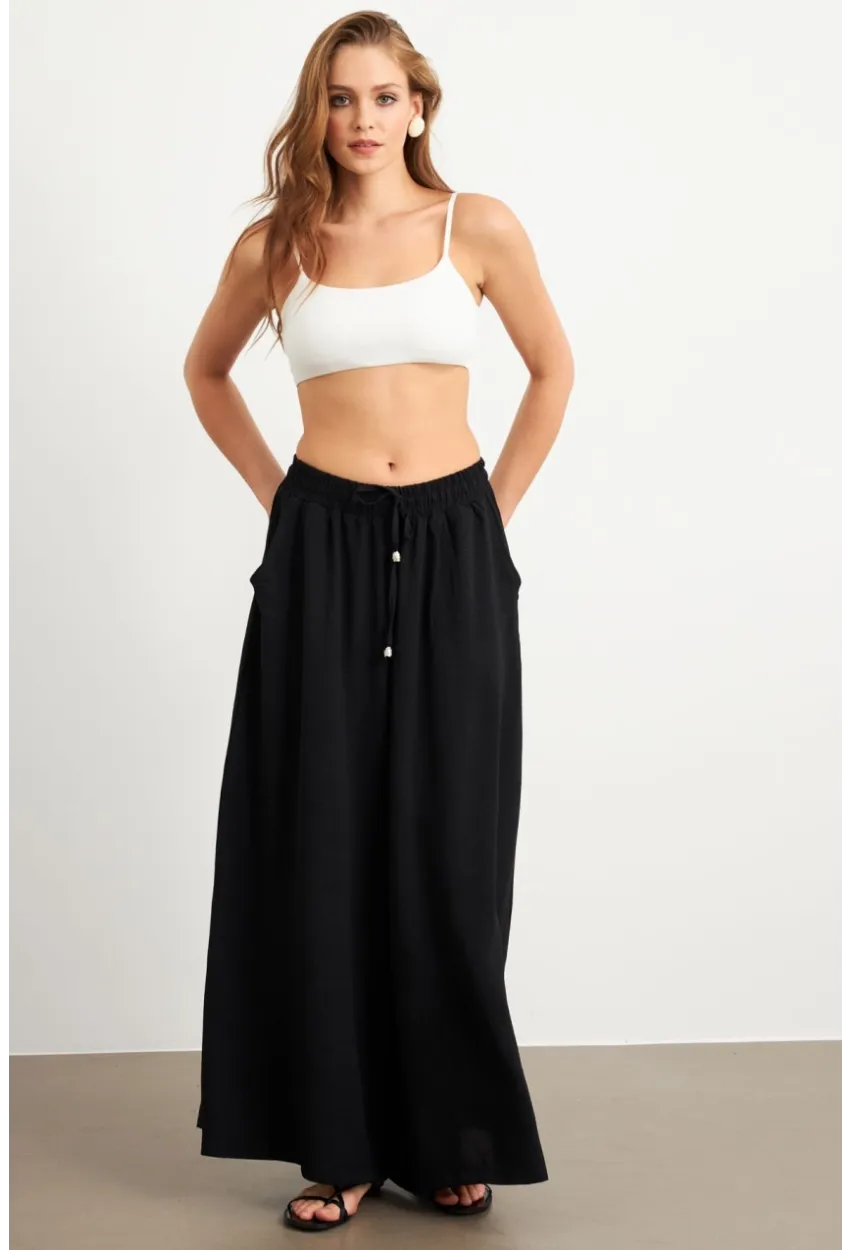 Kadın Siyah Beli Lastikli Cepli Palazzo Pantolon Sİ1155