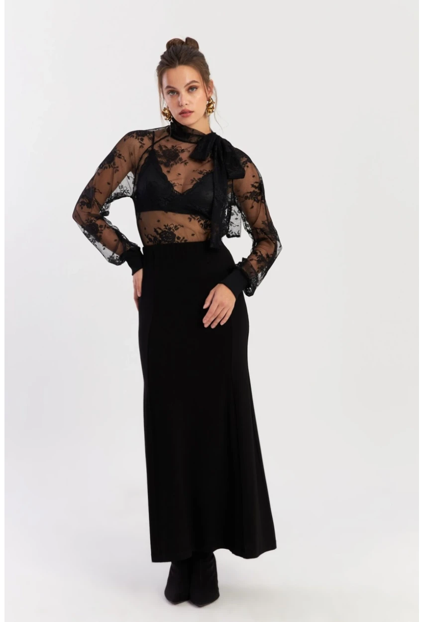 Kadın Siyah Beli Lastikli Evoze Maxi Etek EY2923