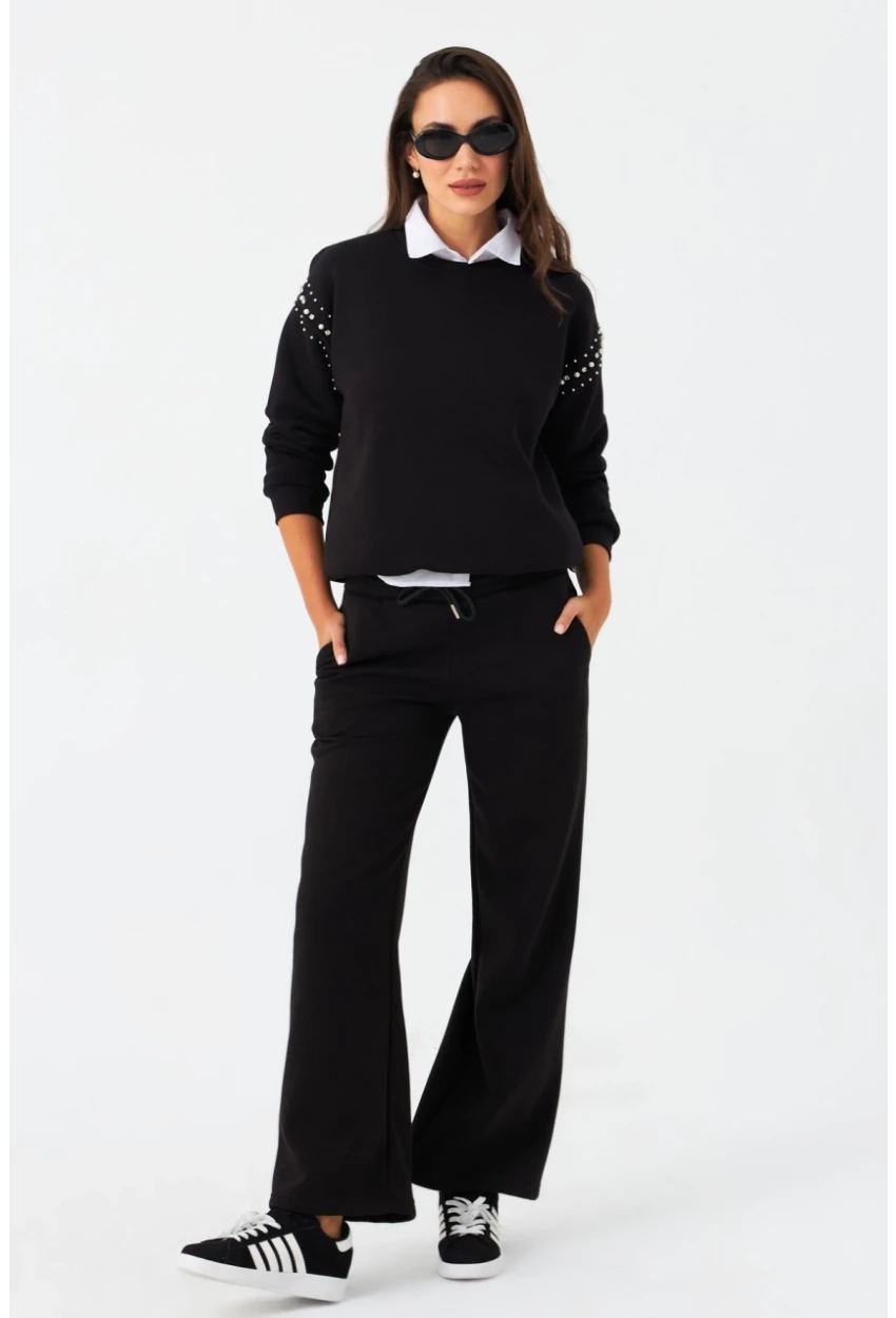 Kadın Siyah Beli Lastikli Palazzo Eşofman Altı ZM30