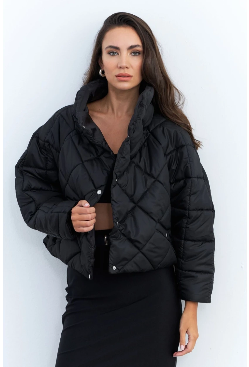 Kadın Siyah Beli Lastikli Yarasa Kol Şişme Mont MX11