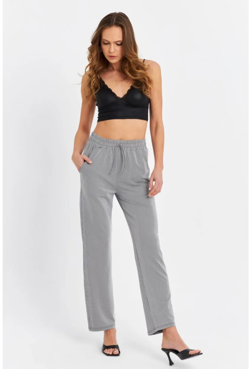 Kadın Siyah-Beyaz Beli Lastikli Çizgili Pantolon SE11