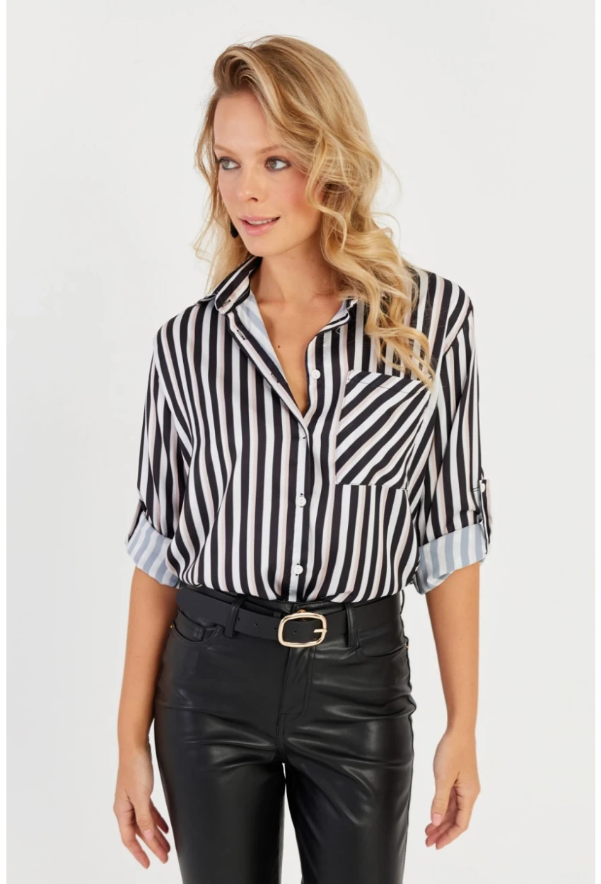 Kadın Siyah-Beyaz Çizgili Saten Gömlek SF2536