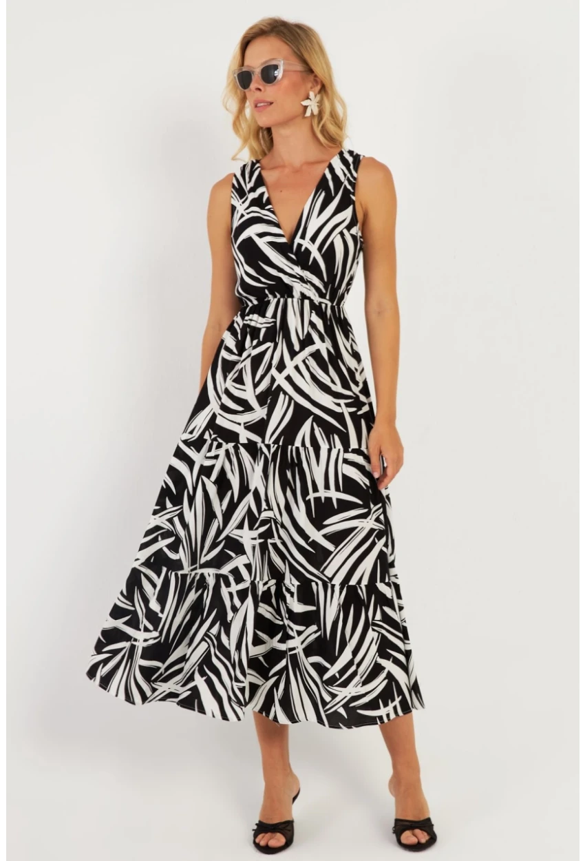 Kadın Siyah-Beyaz Desenli Kruvaze Midi Elbise YZ634