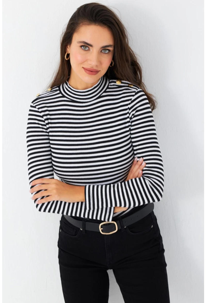 Kadın Siyah-Beyaz Düğme Detaylı Çizgili Bluz MAYD14