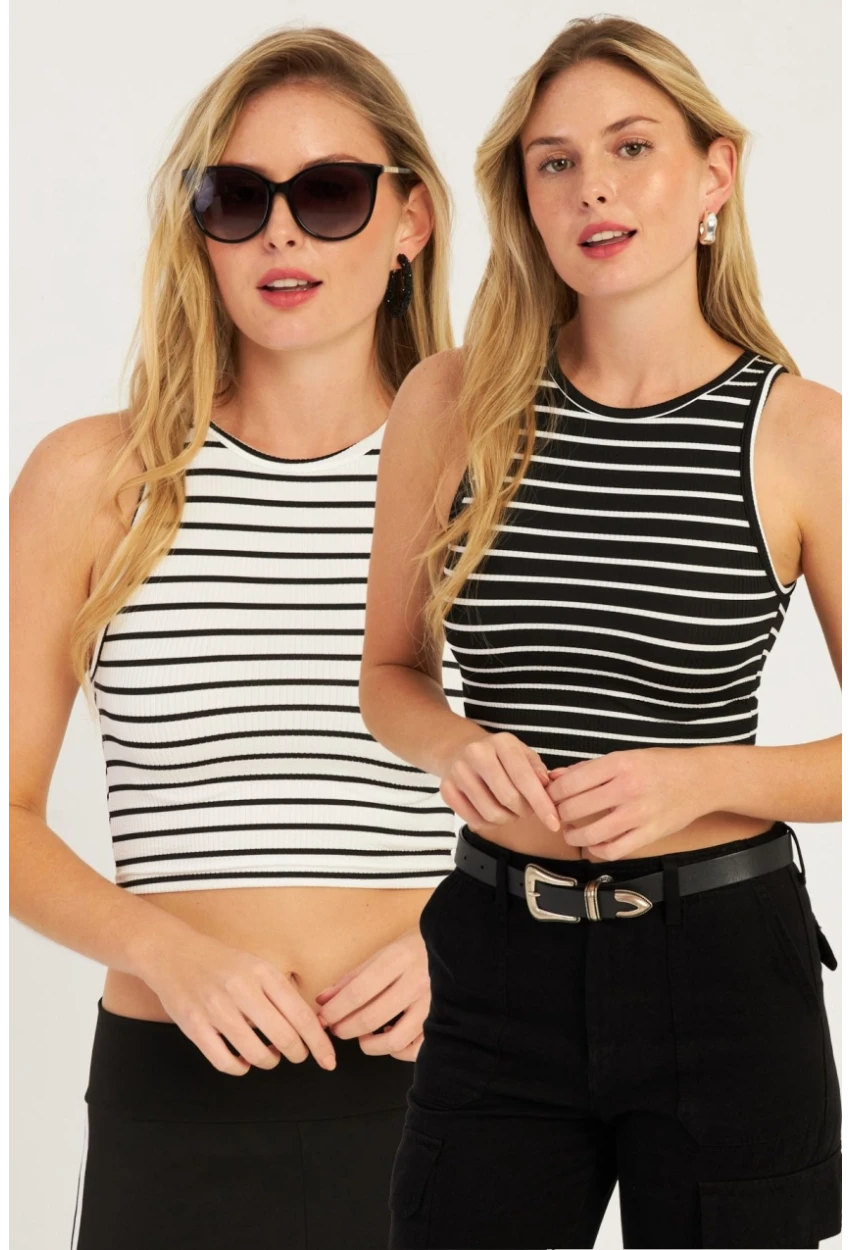 Kadın Siyah-Beyaz İkili Çizgili Crop Bluz CG346