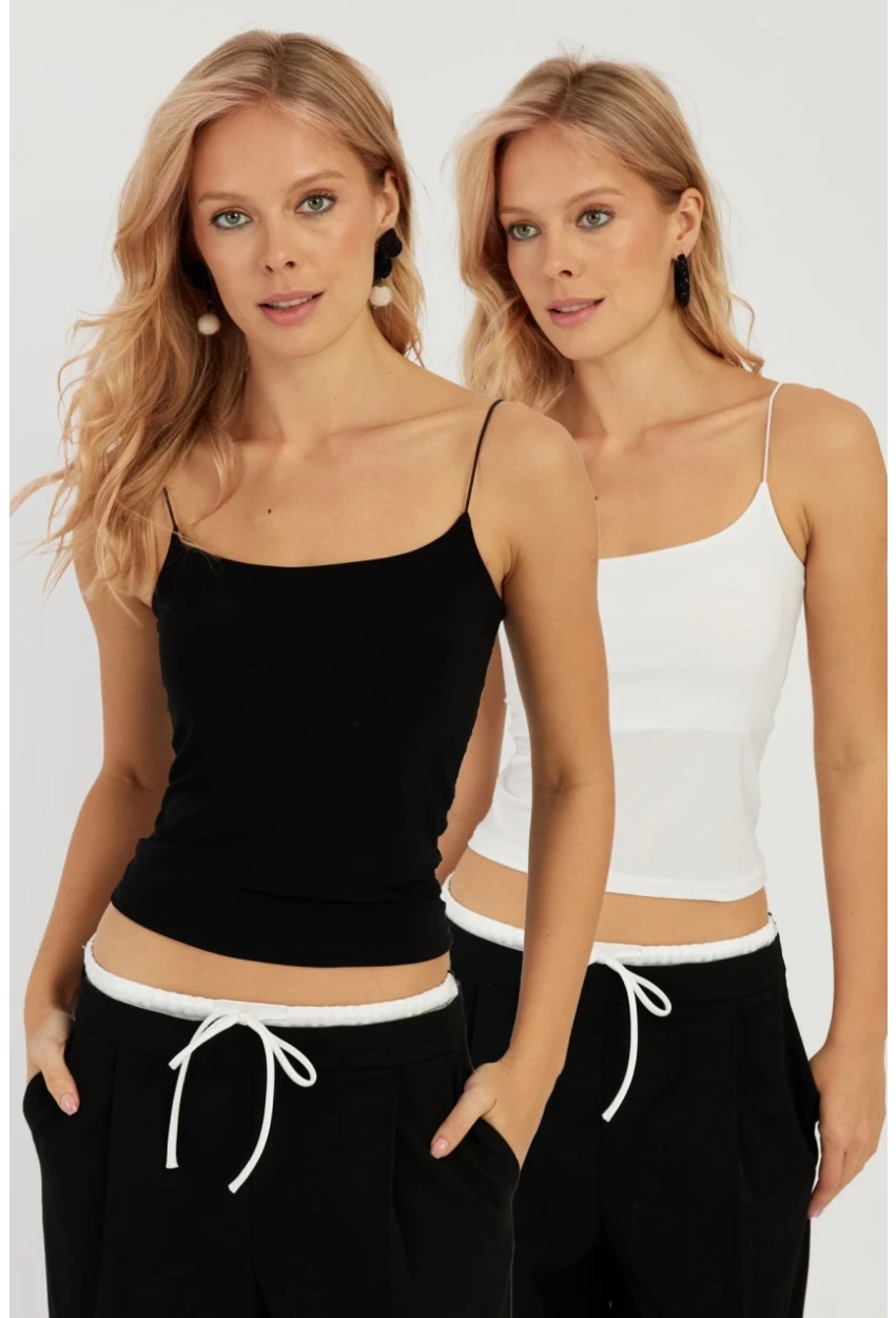 Kadın Siyah-Beyaz İkili İp Askılı Bluz GÇ158