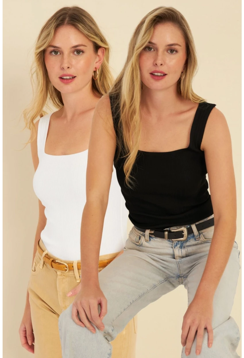 Kadın Siyah-Beyaz İkili Kare Yaka Triko Bluz SMT226