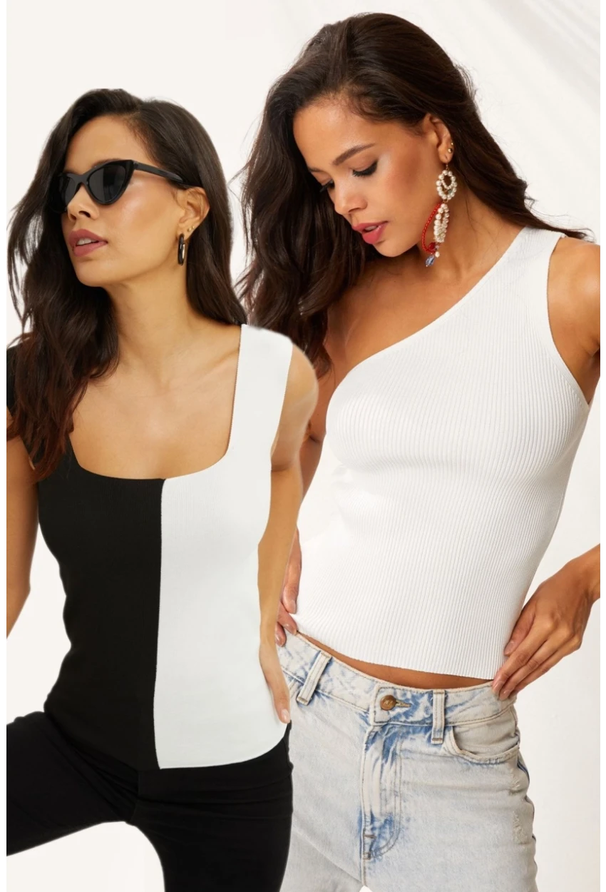 Kadın Siyah-Beyaz İkili Triko Bluz YV128