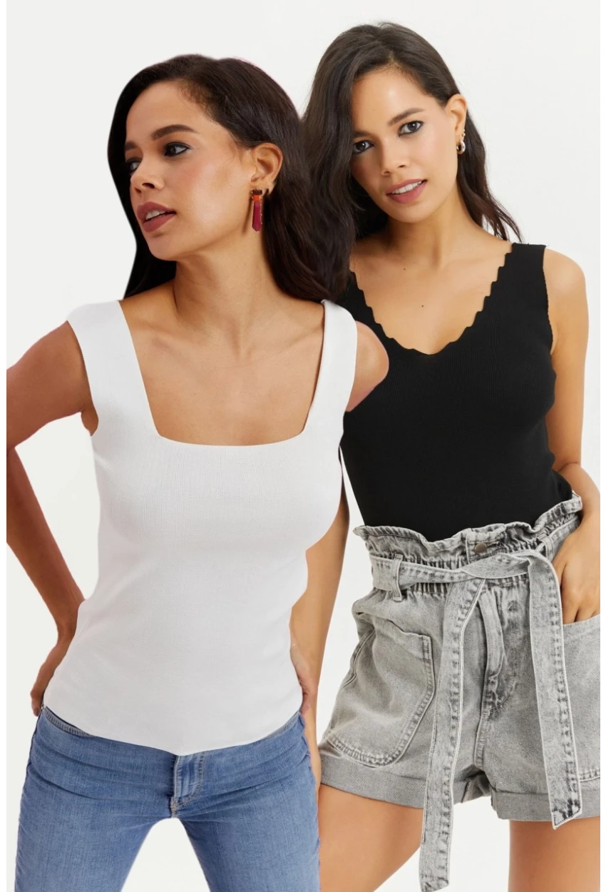 Kadın Siyah-Beyaz İkili Triko Bluz YV146