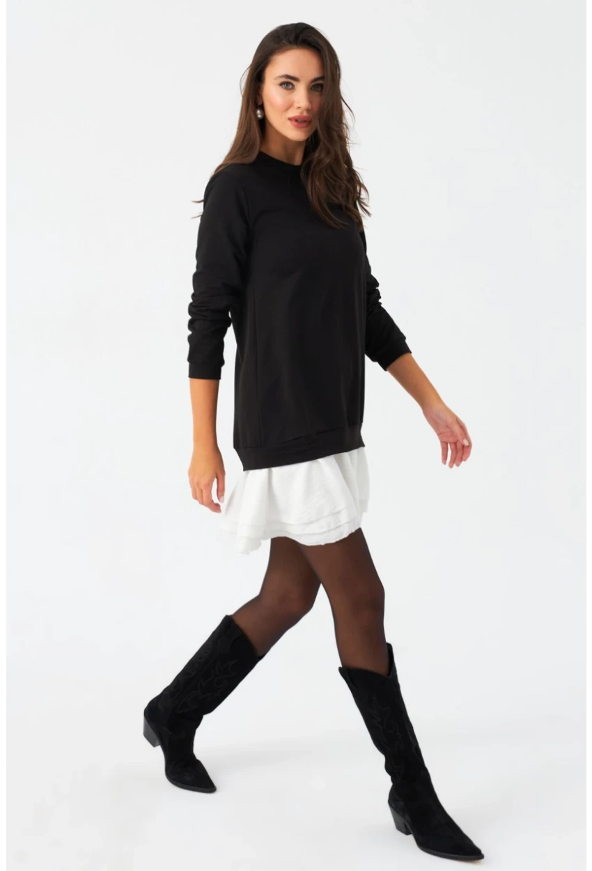 Kadın Siyah-Beyaz Leopar  Desenli Sweat Elbise B16