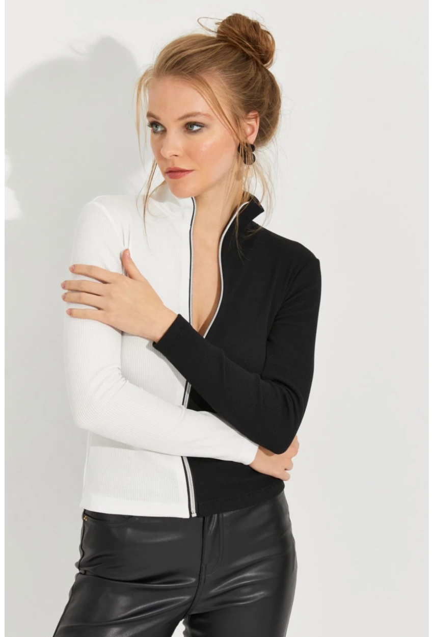 Kadın Siyah-Beyaz Renk Bloklu Kaşkorse Bluz EY2586