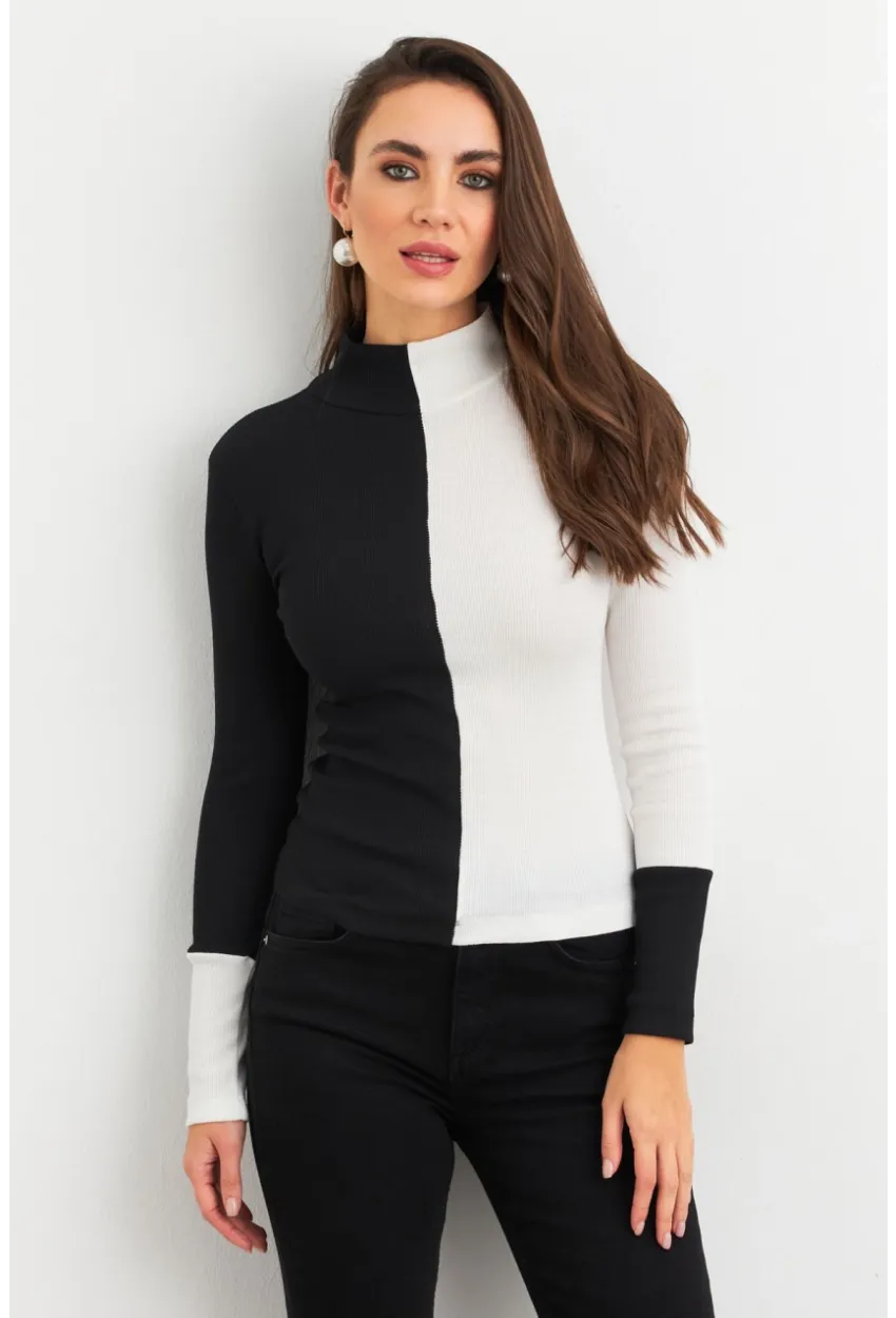 Kadın Siyah-Beyaz Renk Bloklu Kaşkorse Bluz MEY3033