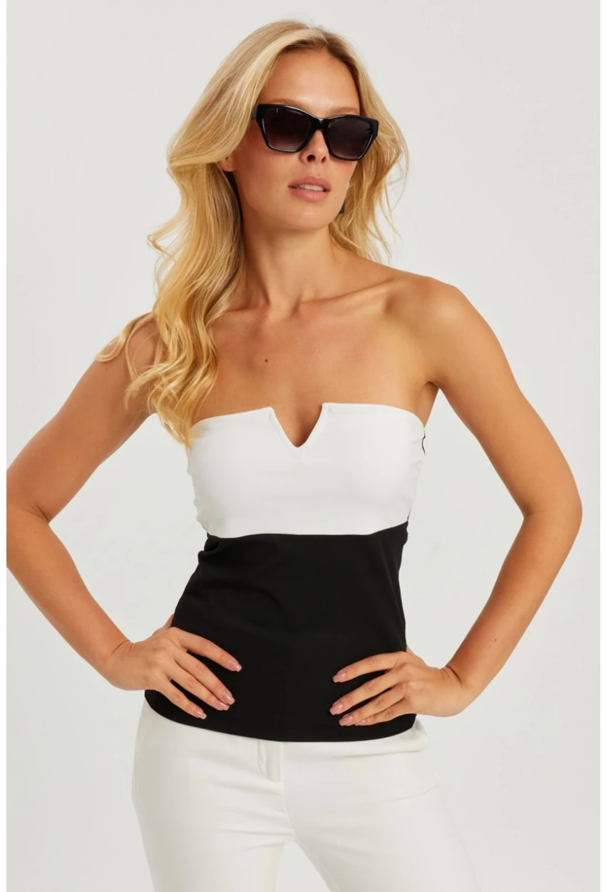 Kadın Siyah-Beyaz Straplez Bluz EY2793