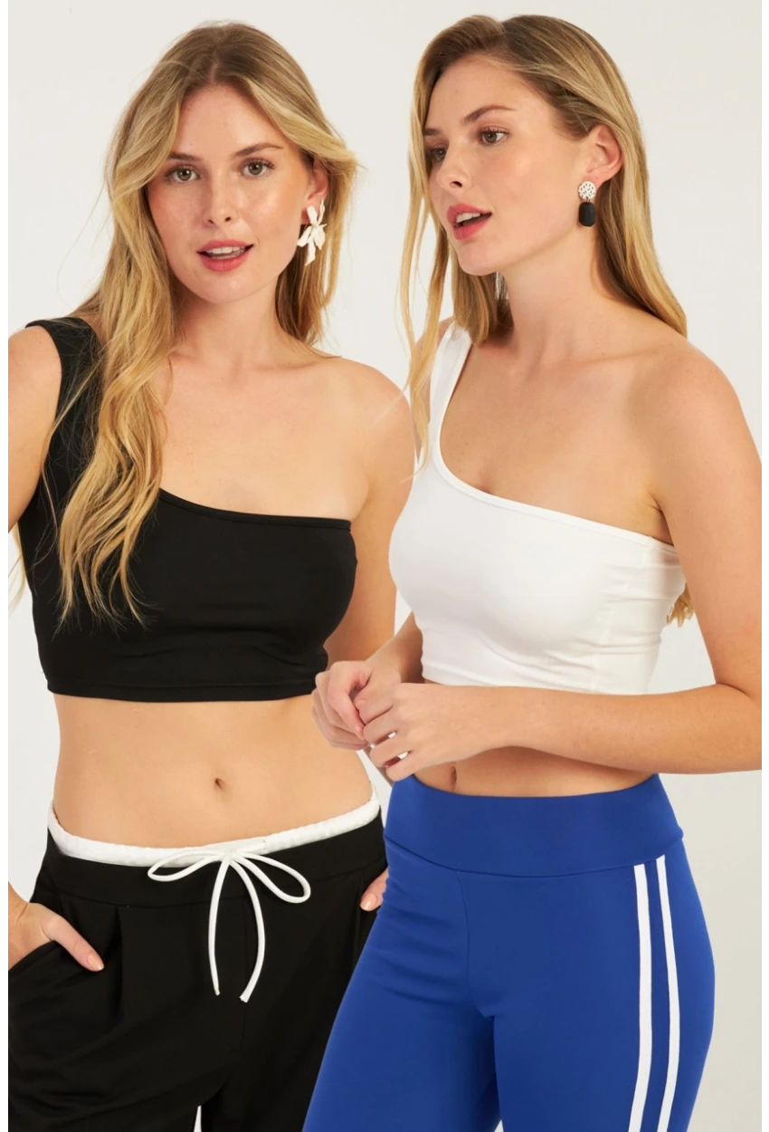 Kadın Siyah-Beyaz Tek Omuz İkili Crop Bluz CG347