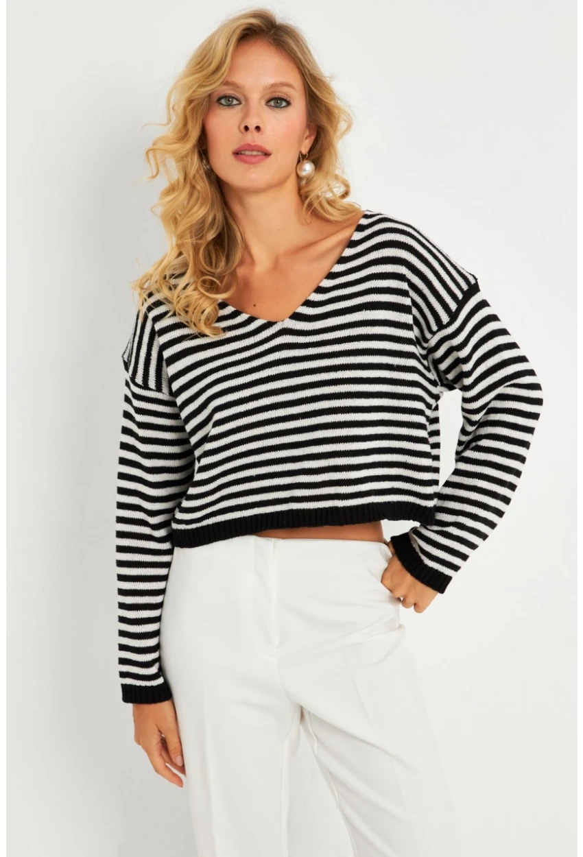 Kadın Siyah-Beyaz V Yaka Çizgili Bluz YV280
