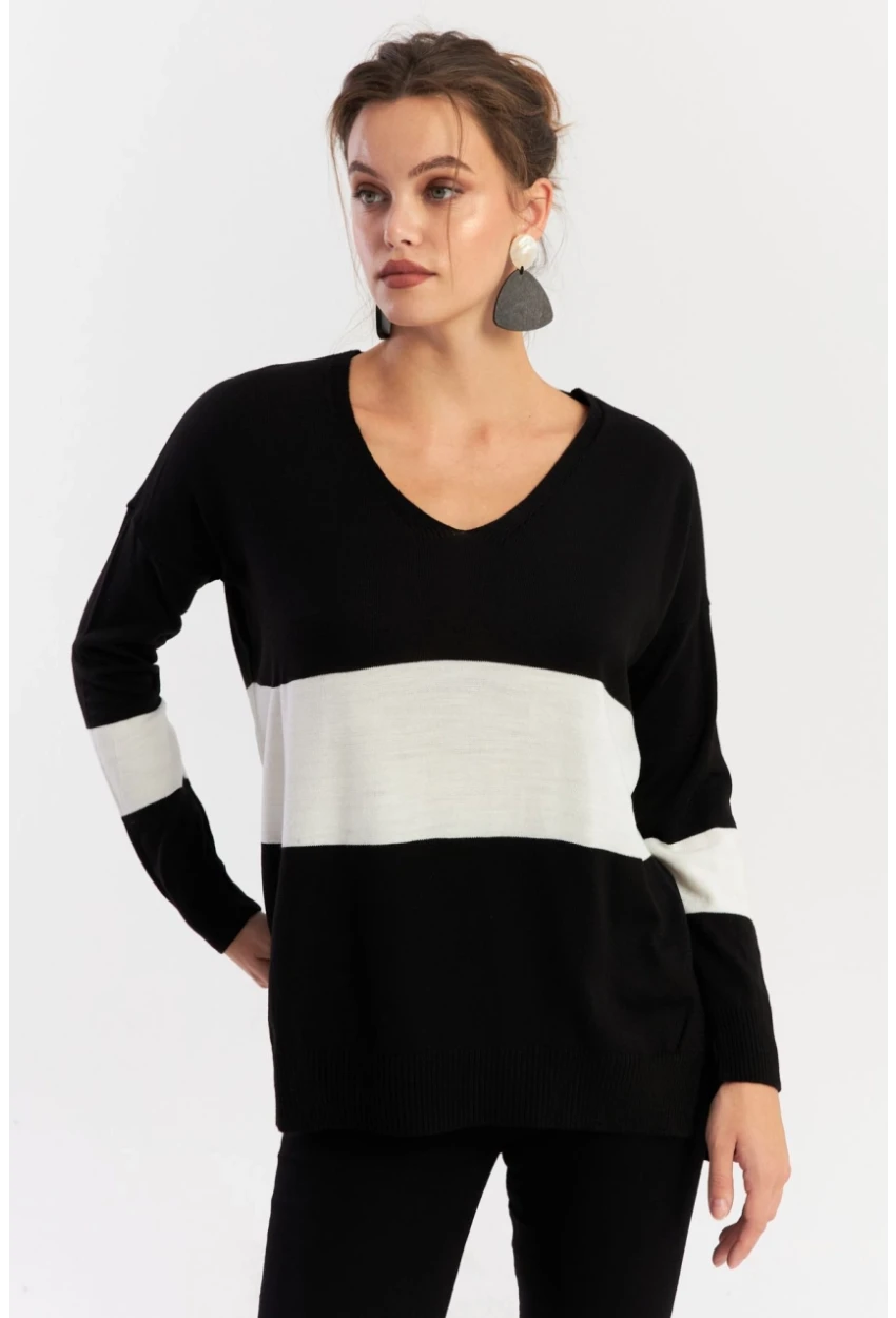 Kadın Siyah-Beyaz V Yaka Triko Bluz YİL555