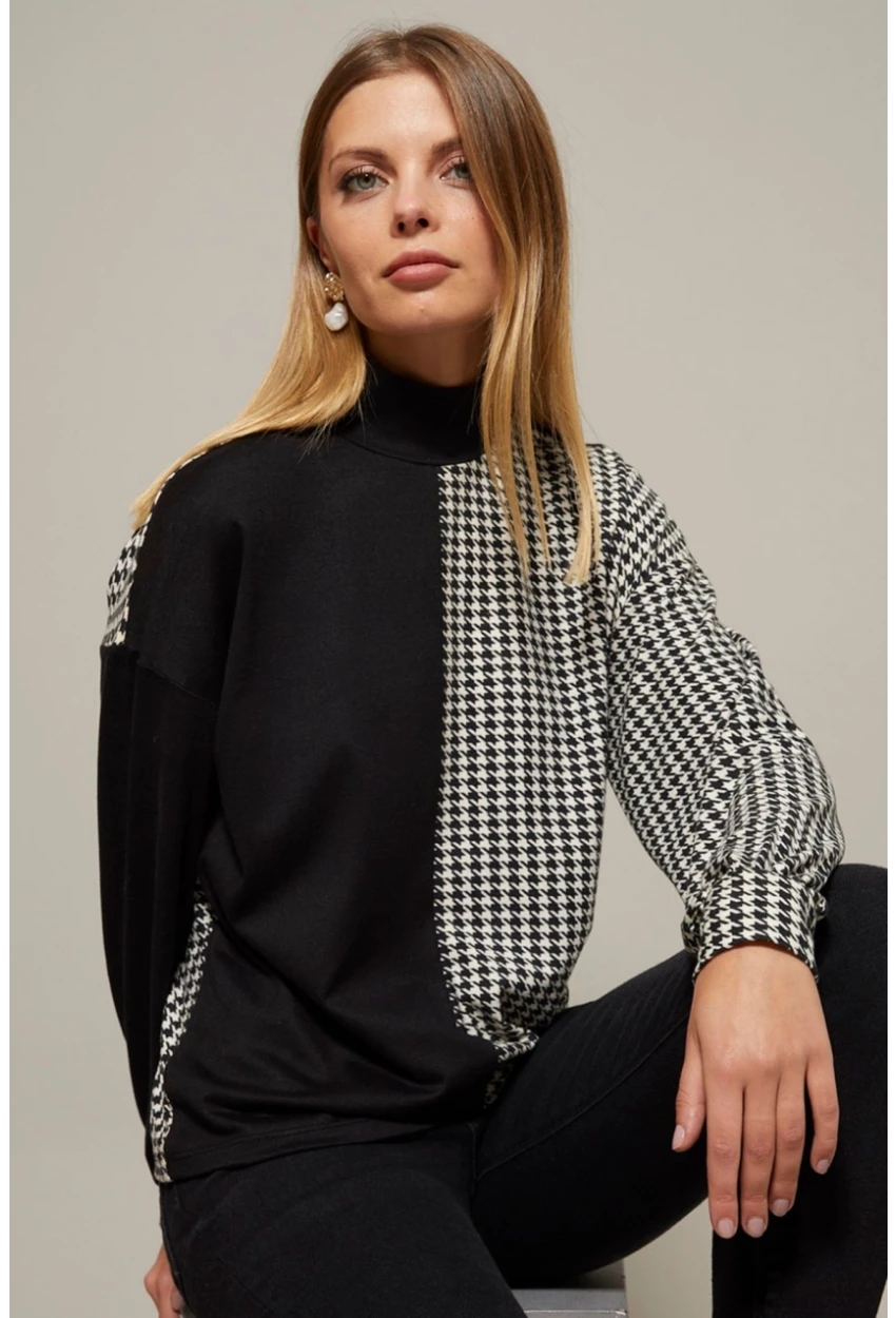 Kadın Siyah-Beyaz Yarım Balıkçı Kazayağı Desen Bluz Yİ2037