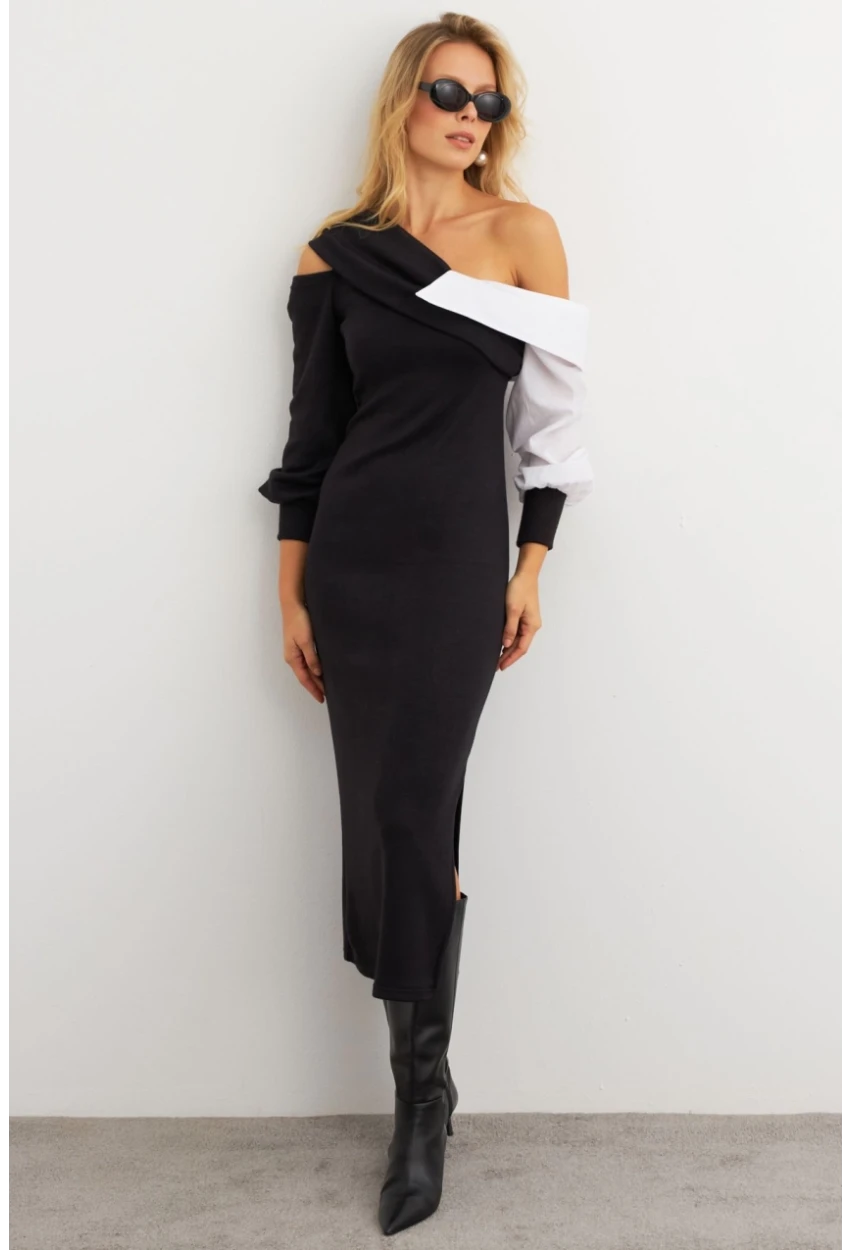 Kadın Siyah Blok Kumaşlı Asimetrik Yaka Maxi Elbise KED4469
