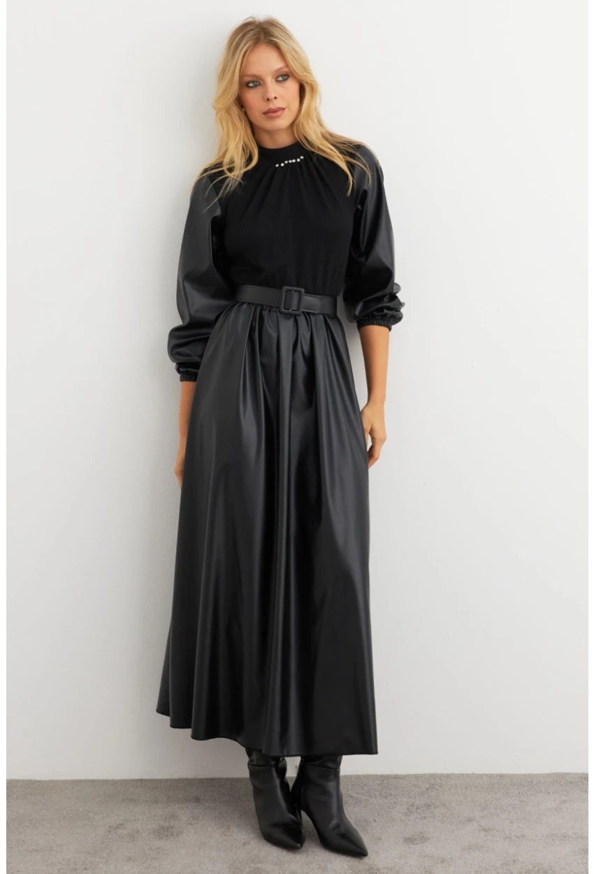 Kadın Siyah Bloklu Taşlı Elbise MALZ101