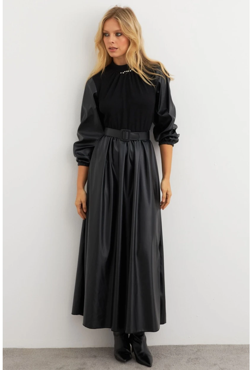 Kadın Siyah Bloklu Taşlı Elbise MALZ101