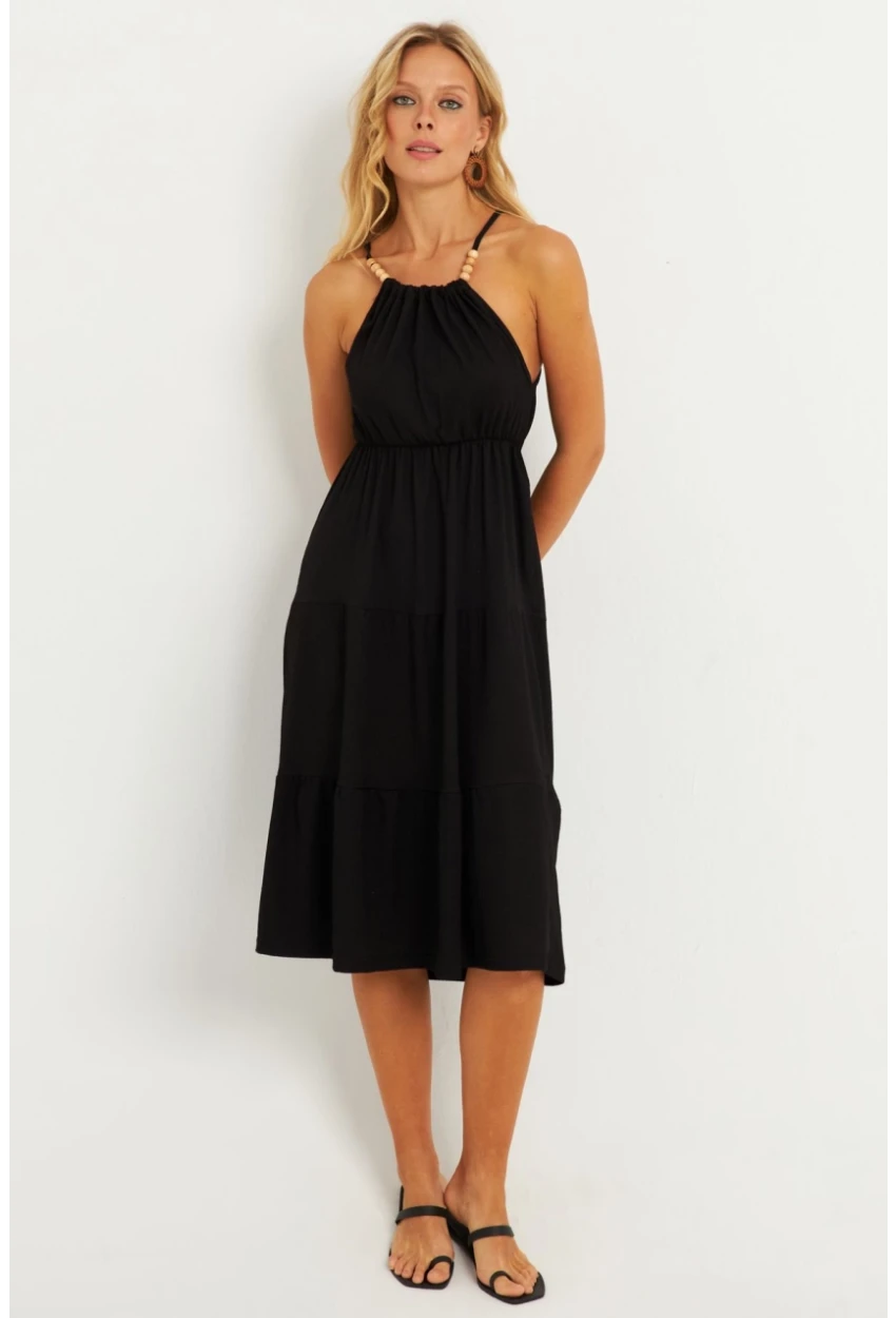 Kadın Siyah Boncuk Detaylı Bürümcük Midi Elbise HO52