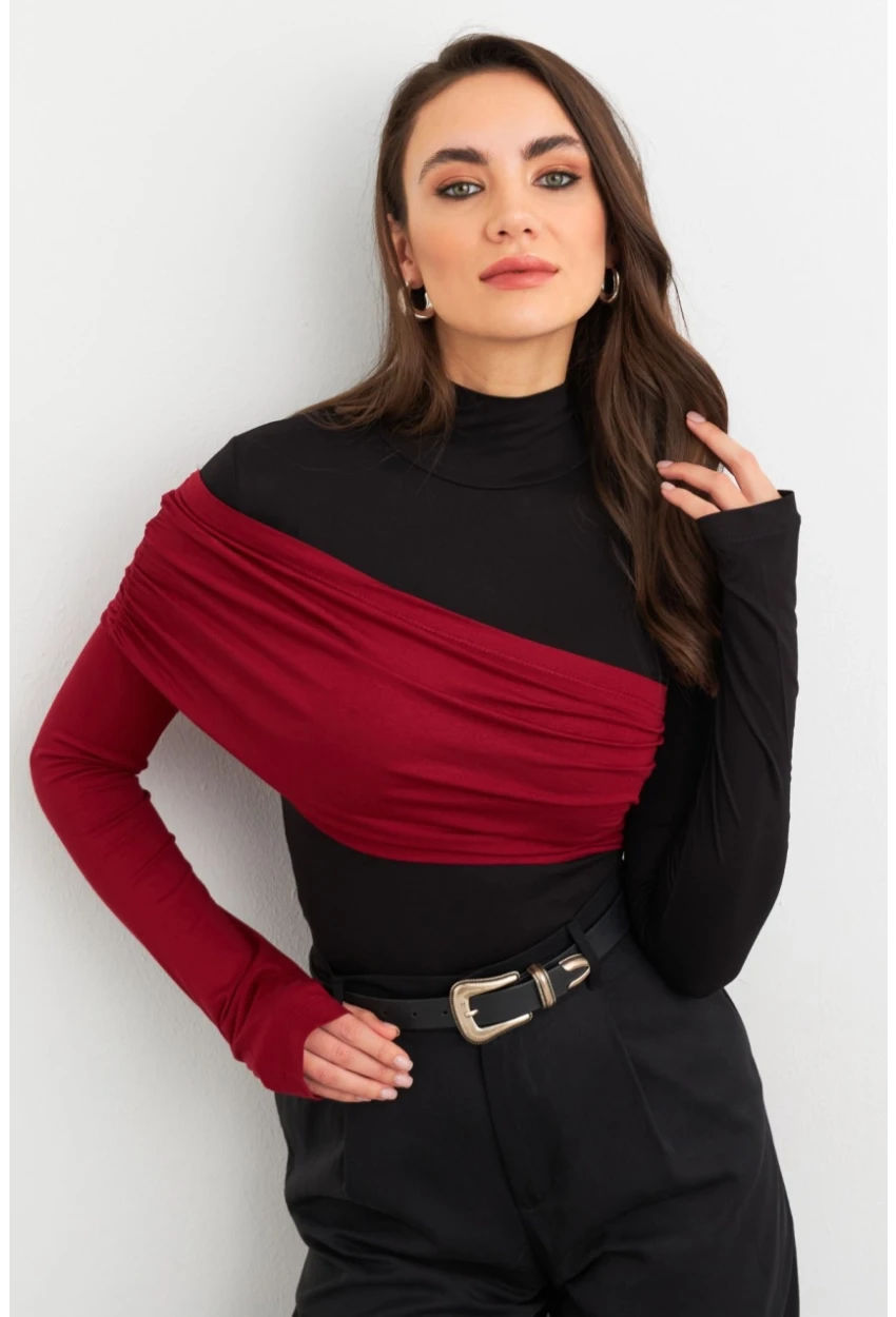 Kadın Siyah-Bordo Bloklu Bluz EY3018